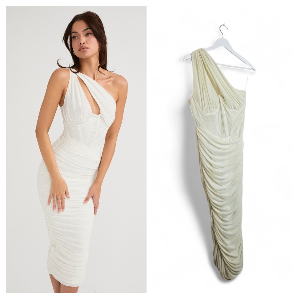 House of CB Valentina Ivory Asymmetric Cutout Midi Dress Shapewear Corset Size L